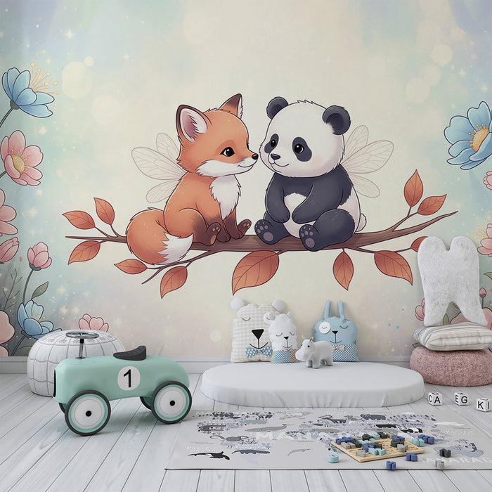 Papier peint chambre bébé | Renard et panda mignons sur une branche entourés de fleurs