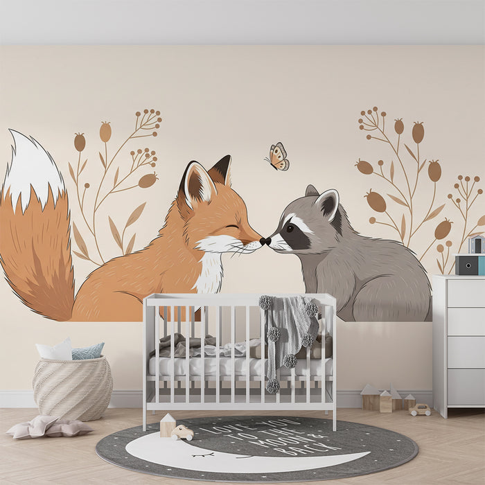 Tapet za dječju sobu | Lisica i rakun u nježnom cvjetnom dekoru