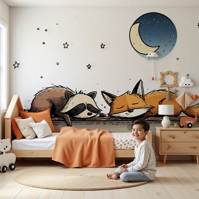 Papier peint chambre bébé | Renard et raton laveur endormis sous les étoiles