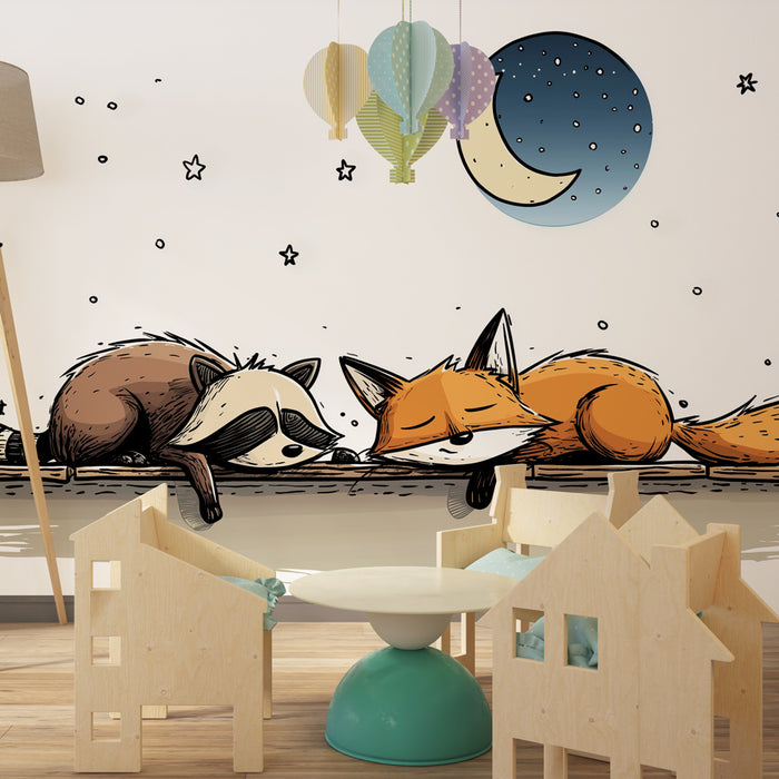 Papier peint chambre bébé | Renard et raton laveur endormis sous les étoiles
