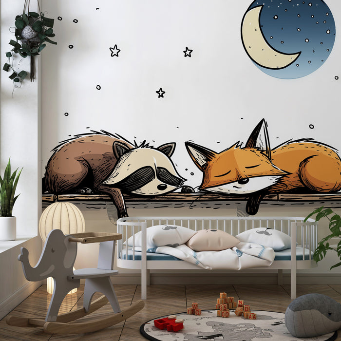 Papier peint chambre bébé | Renard et raton laveur endormis sous les étoiles