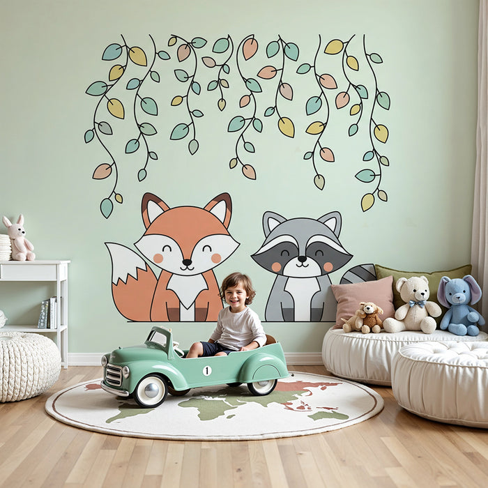 Papel de parede quarto bebê | Vulpe și raton sub frunze delicate