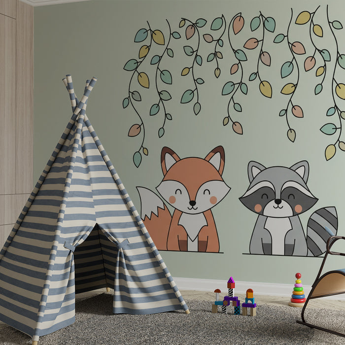 Papel de parede quarto bebê | Vulpe și raton sub frunze delicate