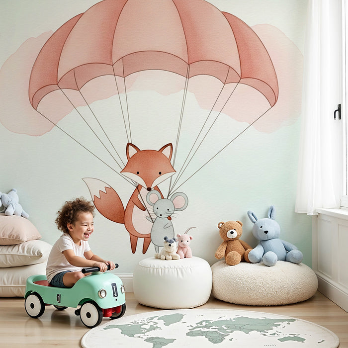 Babykamer behang | Vos en muis in een parachute