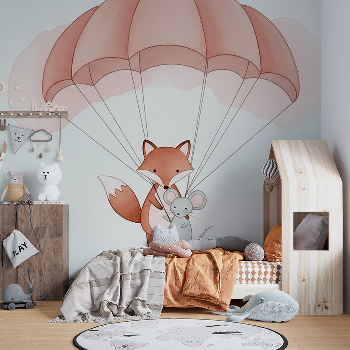 Babykamer behang | Vos en muis in een parachute