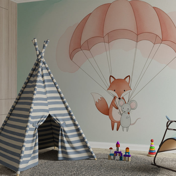 Babykamer behang | Vos en muis in een parachute