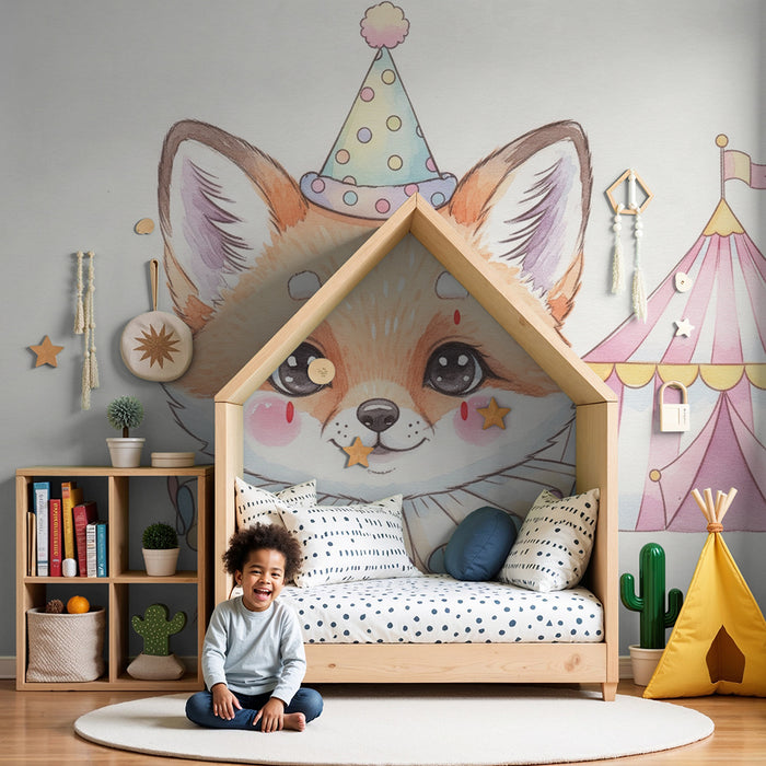 Papier peint chambre bébé | Renard festif et chapiteau coloré