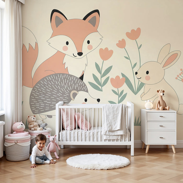 Papier peint chambre bébé | Renard hérisson et lapin dans un jardin fleuri