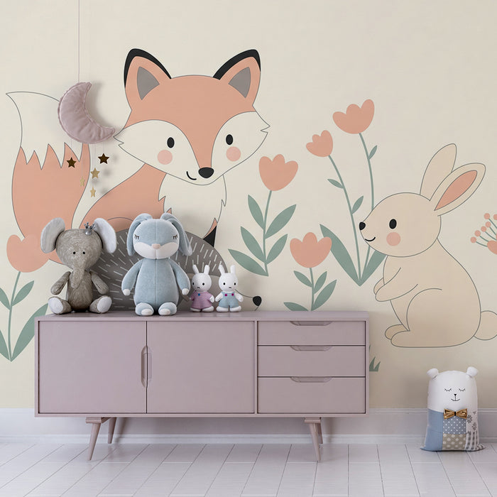Papier peint chambre bébé | Renard hérisson et lapin dans un jardin fleuri