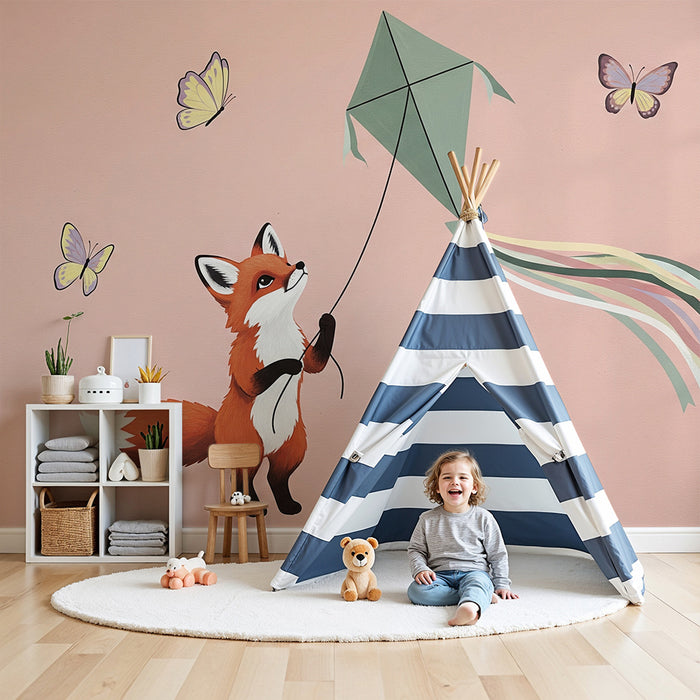 Lastenhuoneen tapetti | Iloinen kettu ja leijaileva peura perhosten maailmassa