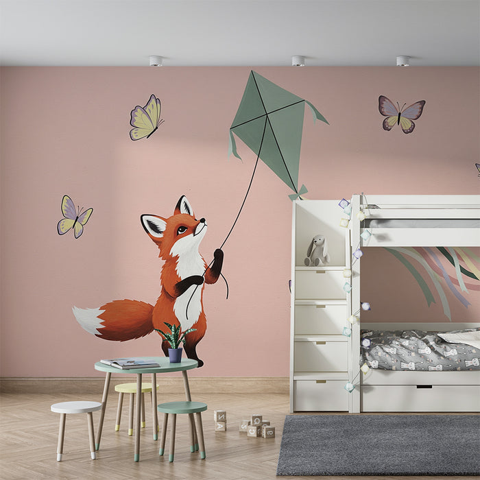 Lastenhuoneen tapetti | Iloinen kettu ja leijaileva peura perhosten maailmassa