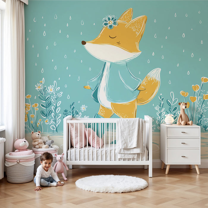 Papier peint chambre bébé | Renard joyeux sous la pluie