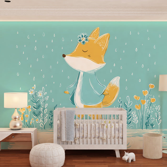 Papier peint chambre bébé | Renard joyeux sous la pluie