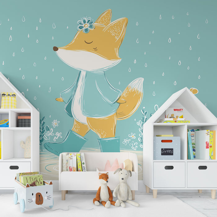 Papier peint chambre bébé | Renard joyeux sous la pluie