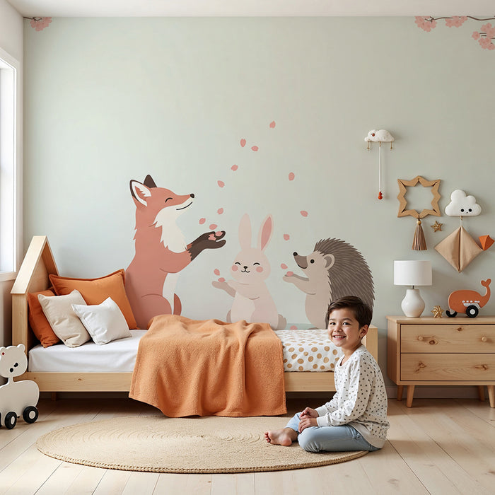 Tapet barnerom | Rev, kanin og pinnsvin under kirsebærblomstene