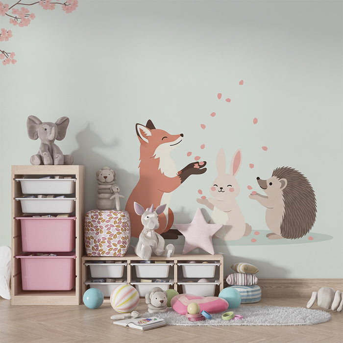 Tapet barnerom | Rev, kanin og pinnsvin under kirsebærblomstene
