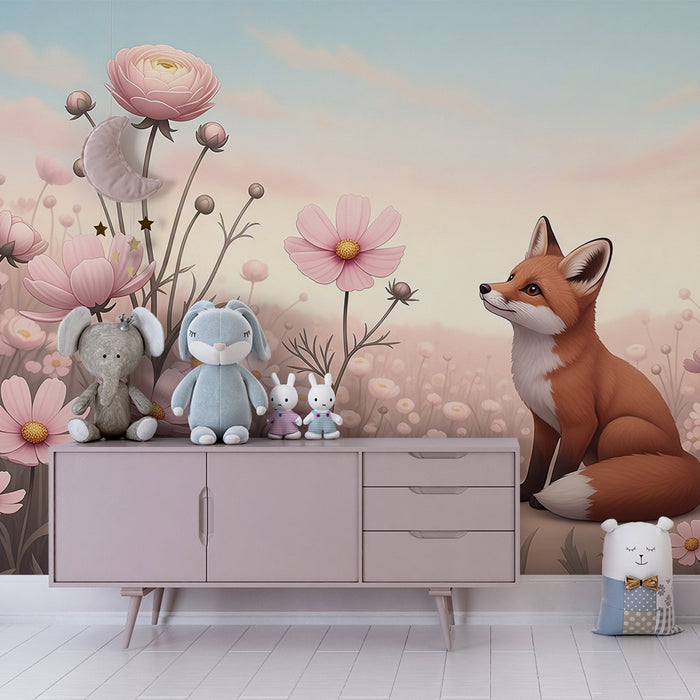 Børneværelse tapet | Sød ræv midt i pastelfarvede blomster
