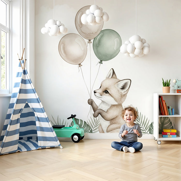 Papier peint chambre bébé | Renard mignon avec ballons