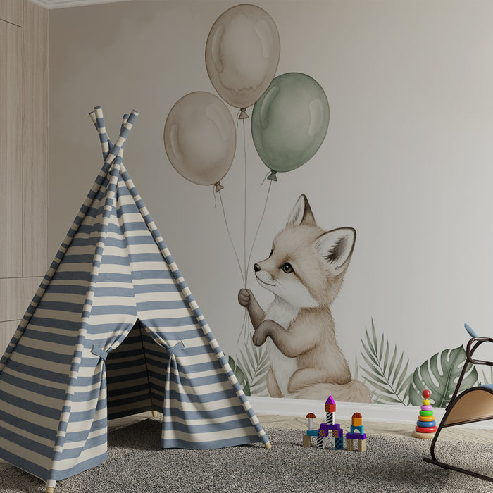 Papier peint chambre bébé | Renard mignon avec ballons