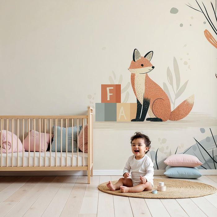 Barntapet | Söt räv med bokstavblock och mjuka blad