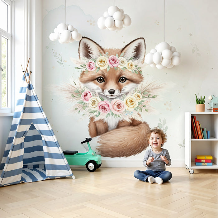 Papier peint chambre bébé | Renard mignon avec couronne de fleurs et arrière-plan pastel