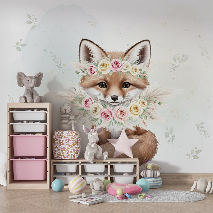 Papier peint chambre bébé | Renard mignon avec couronne de fleurs et arrière-plan pastel