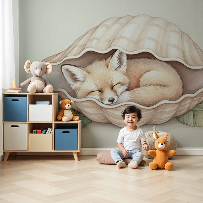 Papier peint chambre bébé | Renard mignon endormi dans une coquille