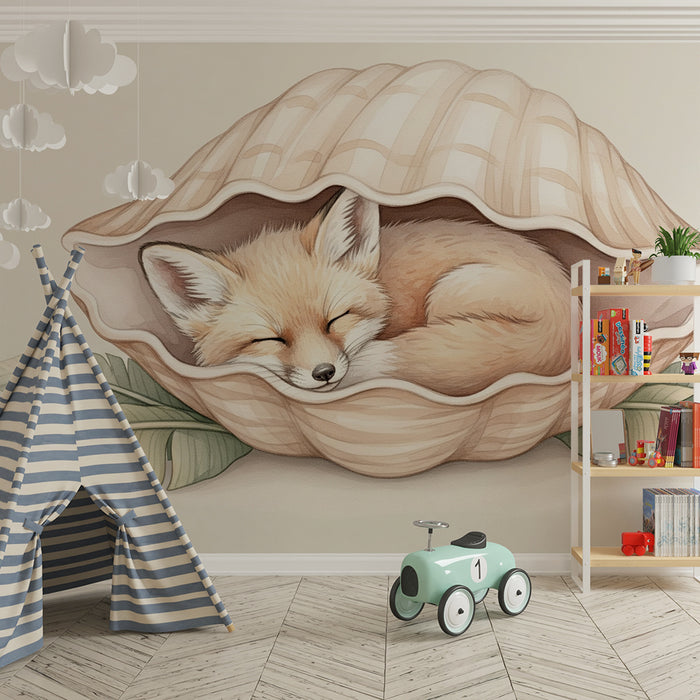 Papier peint chambre bébé | Renard mignon endormi dans une coquille