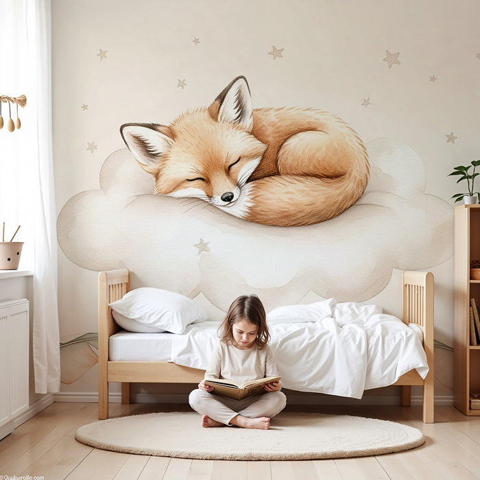 Papier peint chambre bébé | Renard mignon endormi sur un nuage