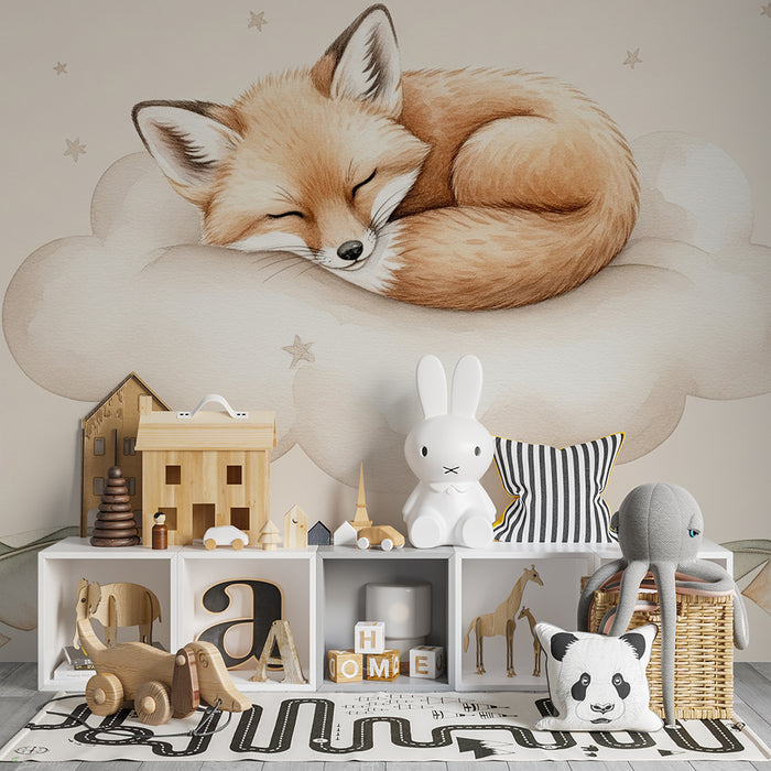 Papier peint chambre bébé | Renard mignon endormi sur un nuage