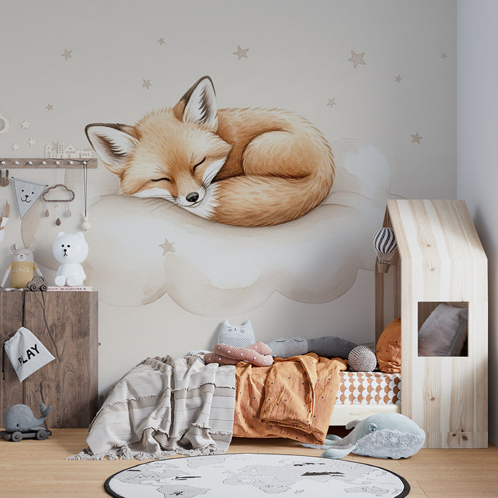 Papier peint chambre bébé | Renard mignon endormi sur un nuage