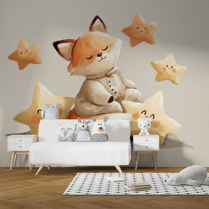 Tapet barnerom | Søt rev omgitt av smilende stjerner