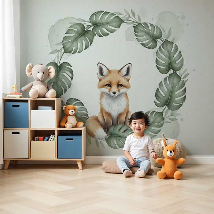 Papier peint chambre bébé | Renard mignon entouré de feuillage tropical
