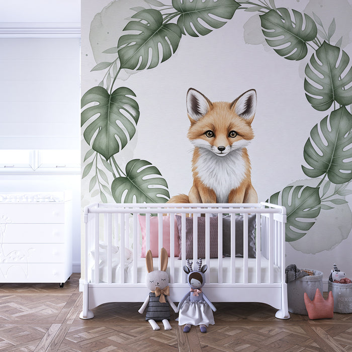 Papier peint chambre bébé | Renard mignon entouré de feuillage tropical