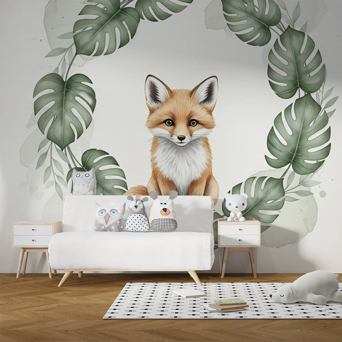 Papier peint chambre bébé | Renard mignon entouré de feuillage tropical