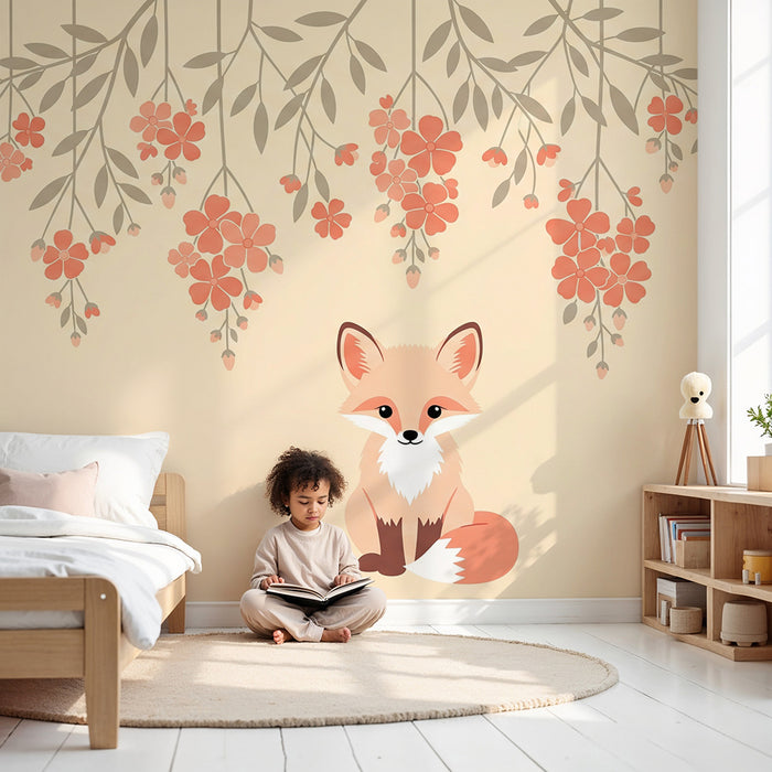 Nursery room wallpaper | Cute fox surrounded by delicate flowers