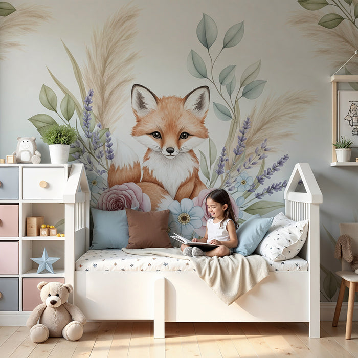 Papier peint chambre bébé | Renard mignon entouré de fleurs délicates