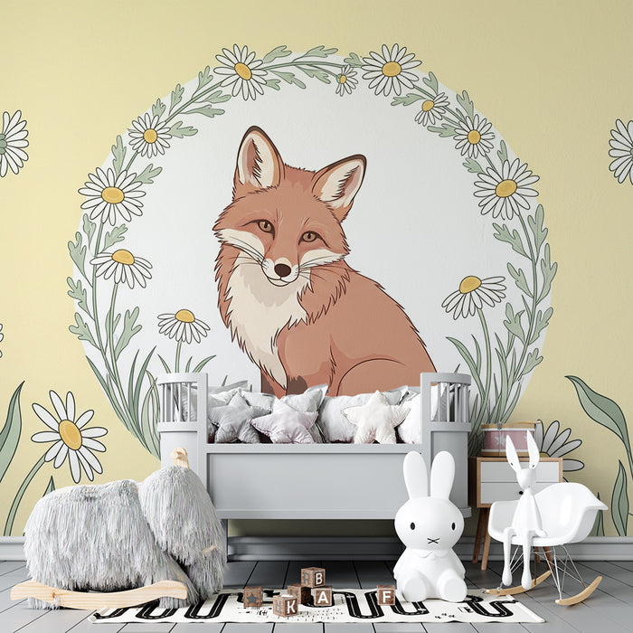 Babykamer behang | Schattige vos omringd door veldbloemen