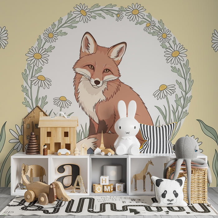 Babykamer behang | Schattige vos omringd door veldbloemen