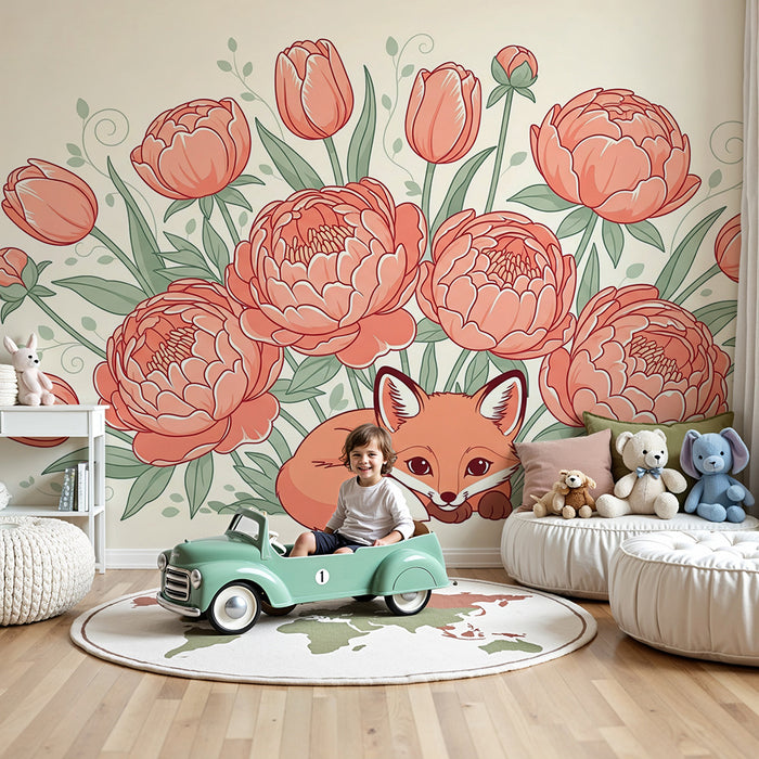 Papel de parede quarto bebê | Srčkan lisjak obdan s pink cvetjem