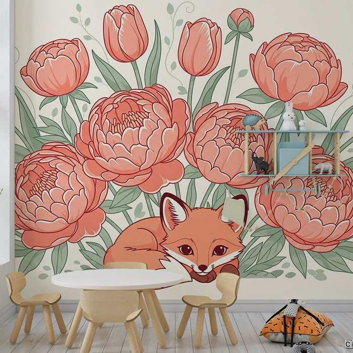 Papel de parede quarto bebê | Srčkan lisjak obdan s pink cvetjem