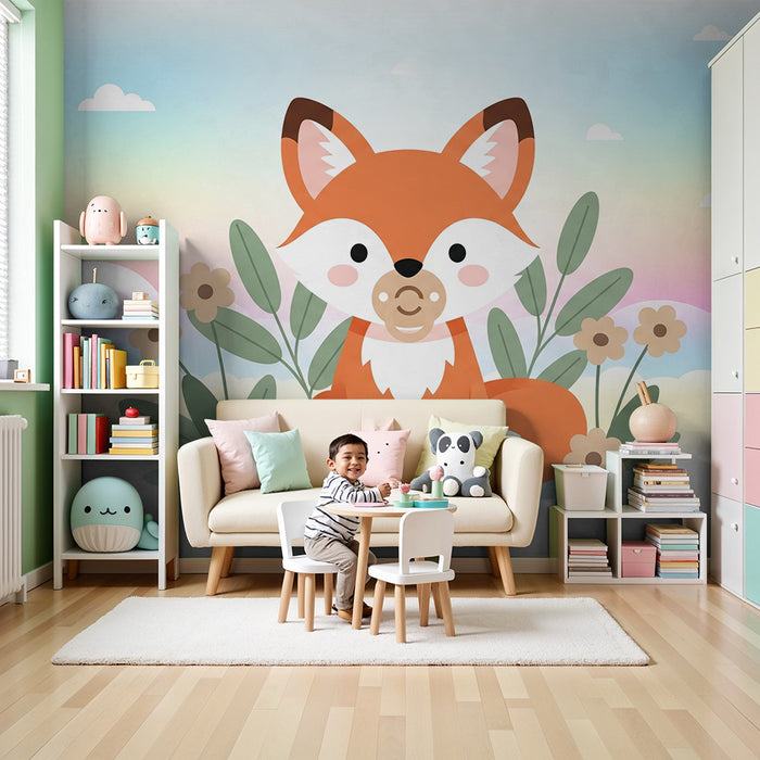 Papier peint chambre bébé | Renard mignon et fleurs