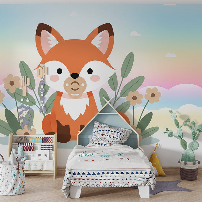 Papier peint chambre bébé | Renard mignon et fleurs