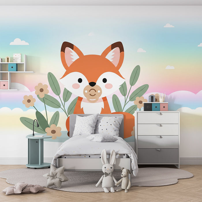 Papier peint chambre bébé | Renard mignon et fleurs