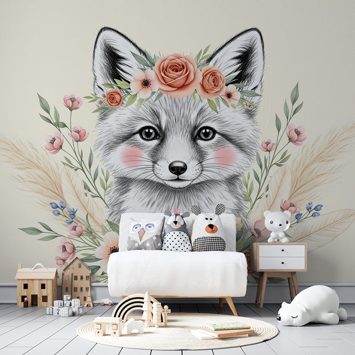 Papier peint chambre bébé | Renard mignon et fleurs délicates