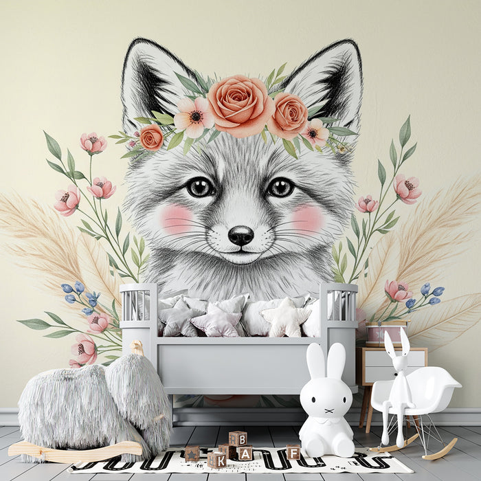 Papier peint chambre bébé | Renard mignon et fleurs délicates