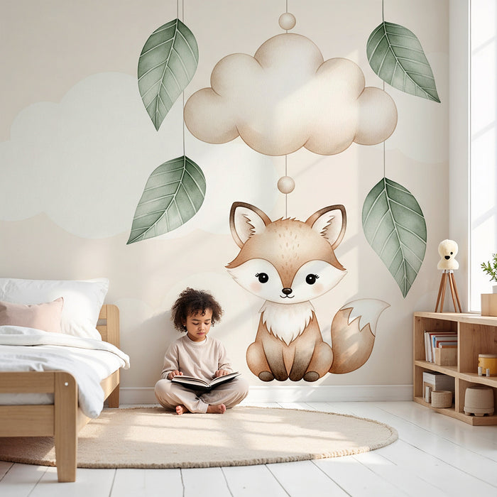 Papier peint chambre bébé | Renard mignon et nuages doux