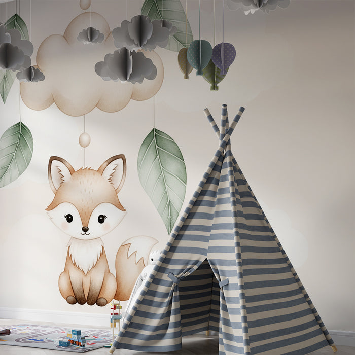 Papier peint chambre bébé | Renard mignon et nuages doux
