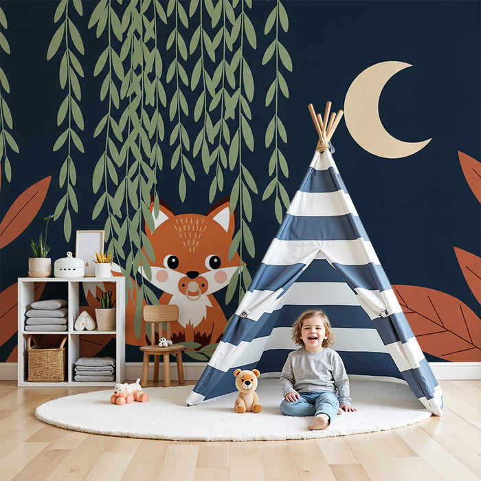 Papier peint chambre bébé | Renard mignon sous la lune