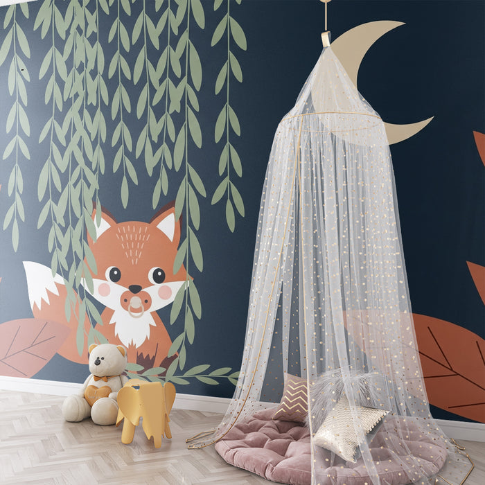 Papier peint chambre bébé | Renard mignon sous la lune